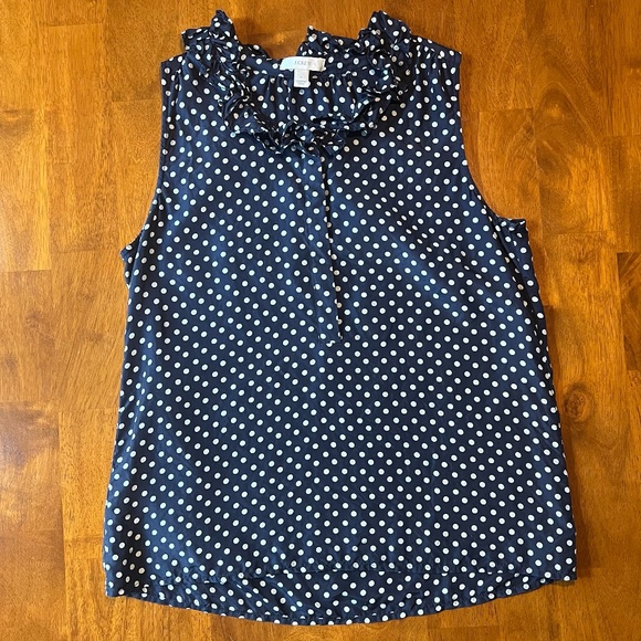 J. Crew Tops - J.Crew Ruffled Navy Blue and Polka Dots Sleeveless Blouse Size 6
